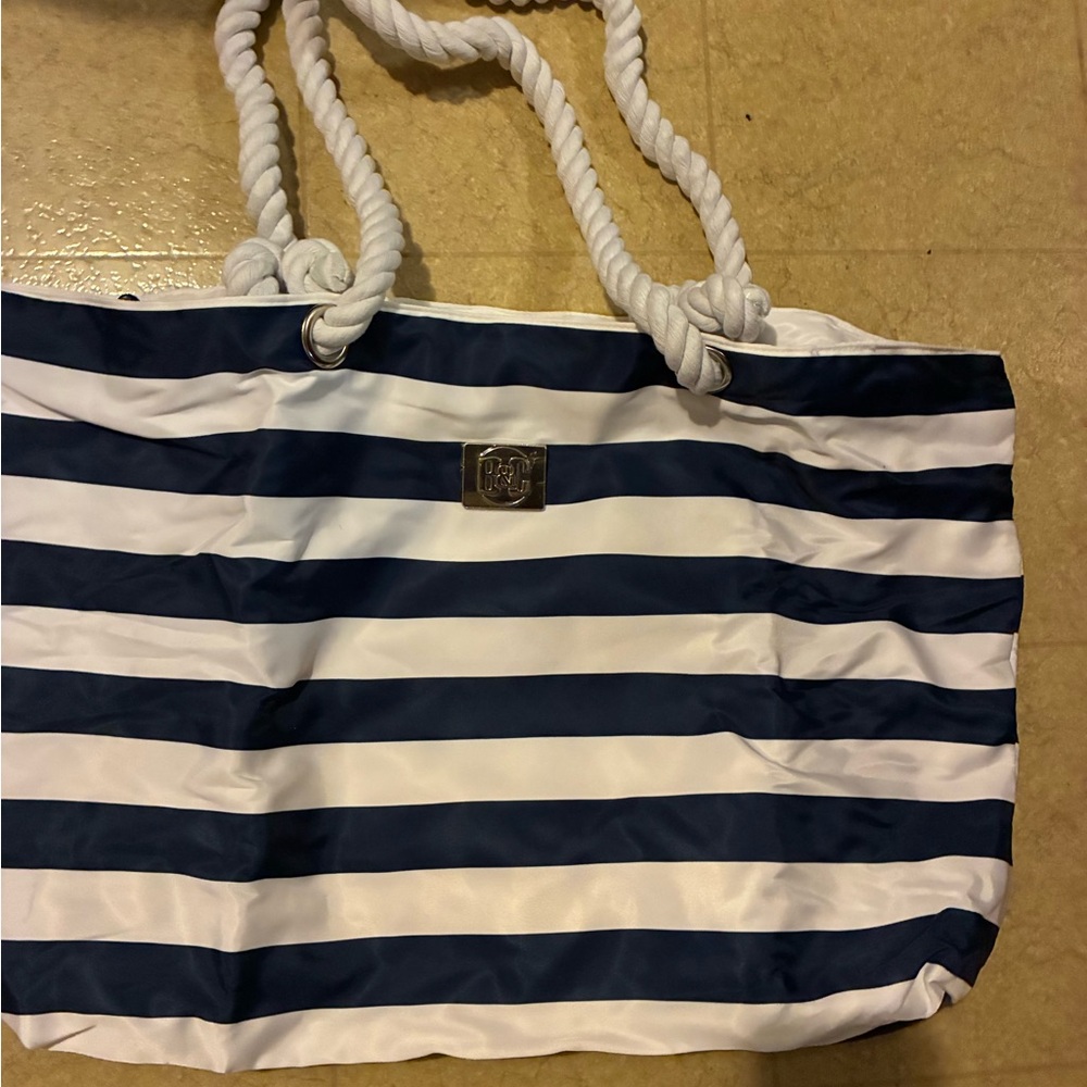 B & C blue striped tote bag with pouch 22” new